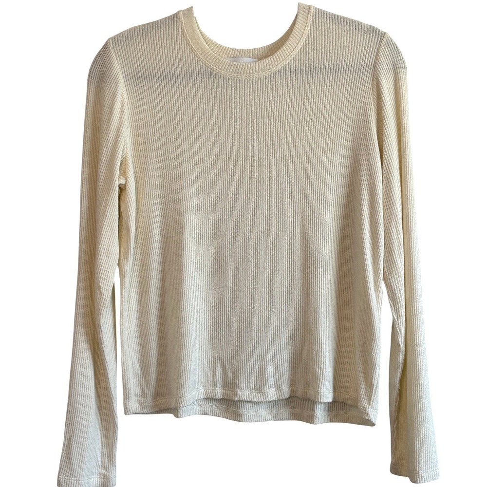 Sablyn Ribbed Long Sleeve Top Ivory Womens Medium Crew Neck Modal Stretch USA